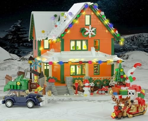 PLAXSOON 2025 Weihnachts Haus Bauset mit Licht, Mini Landhaus Weihnachtsbausatz mit Weihnachtsmann Schlitten, Bausteinspielzeug für Erwachsene Jugendliche Jungen Mädchen ab 10+ von PLAXSOON