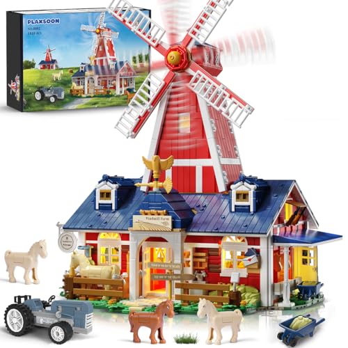 PLAXSOON Bauernhof Haus Klemmbausteine mit LED Licht, 1810 Stück Mechanische Bauernhof Baukasten Spielzeug mit Windmühle Traktor Pferd, Scheunen Bauspielzeug für Erwachsene Jugendliche 12+ von PLAXSOON
