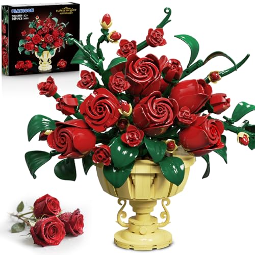 PLAXSOON Blumen Rosen Bauspielzeugset für Erwachsene, Rose Bausteine Blumenstrauß Klemmbausteine, Bonsai Botanical Kollektion Bauklötz Pflanzen Home Deko, Geschenk für Frauen Kinder Jungen Mädchen 12+ von PLAXSOON