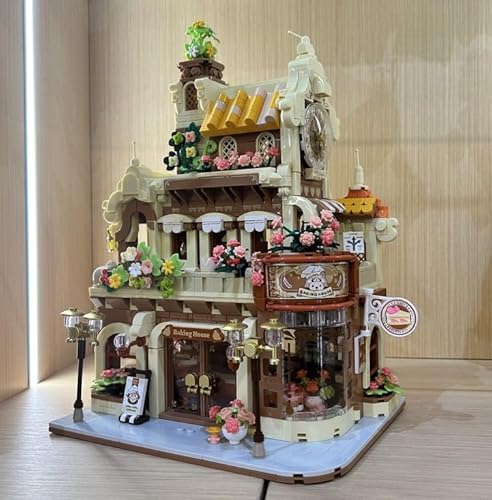 PLAXSOON City Bäckerei Café Haus Bauset mit Licht–1289 Teile Backshop Baustein Spielzeug mit Kaffee, Kuchen & Brot–Konditorei Konstruktionsmodell für Erwachsene Jugendliche Kinder ab 8–12 Jahren von PLAXSOON