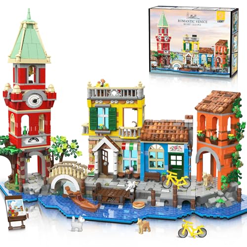 PLAXSOON Venedig Stadt Haus Baukasten mit Licht, 2155 Stück Bauspielzeug mit Blumenladen Pizzeria Wohnhaus - Architektur Klemmbausteine Modell Geschenk für Erwachsene Frauen Teenager Mädchen ab 12+ von PLAXSOON