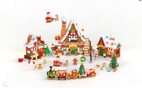 PLAXSOON Weihnachten Lebkuchenhaus Baukasten mit LED Licht, 2025 Schneelandschaft Dorf Haus Bauklotz Spielzeug mit Weihnachtsmann Weihnachtsbaum Zug Geschenke für Erwachsene Mädchen Jungen Alter 8+ von PLAXSOON