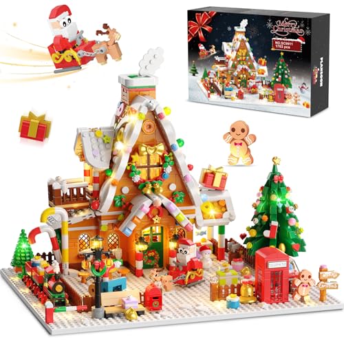 PLAXSOON Weihnachts Lebkuchenhaus Bauspielzeug mit Lichtern, Weihnachten Haus Mini Klemmbausteine Spielzeug mit Weihnachtsmann Tannenbaum Zug 1763 Stück, Geschenk für Erwachsene Jungen Mädchen ab 14+ von PLAXSOON