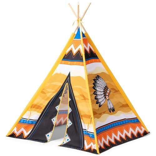 L.A. Sports Kinder-Tipi-Spielzelt | Indianerzelt mit Buntem Motiv für drinnen & draußen | Schnell aufbaubares Tipi-Zelt mit Holzstäben | Wasserabweisendes Kinderzelt von PLAY FUN