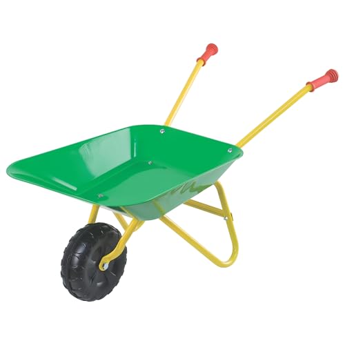 PLAY FUN Kinderschubkarre | Gartenspielzeug & Sandspielzeug für Kinder | Robuste | Grün | Schubkarre aus Metall | Gummierte Griffe & Kunststoffräder | Outdoor-Spielzeug für kleine Gärtner von PLAY FUN