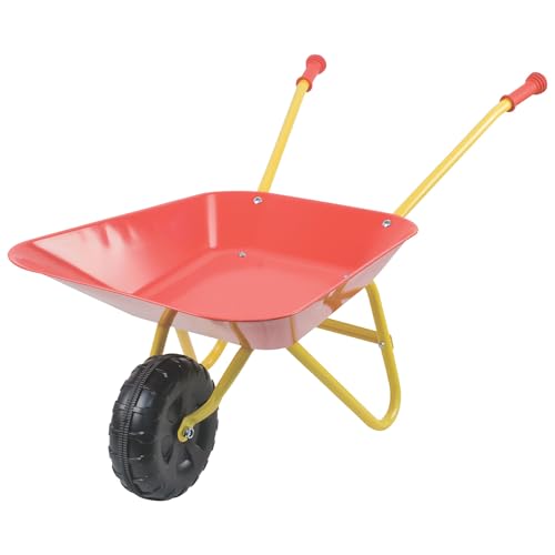 PLAY FUN Kinderschubkarre | Gartenspielzeug & Sandspielzeug für Kinder | Robuste | Rot | Schubkarre aus Metall | Gummierte Griffe & Kunststoffräder | Outdoor-Spielzeug für kleine Gärtner von PLAY FUN
