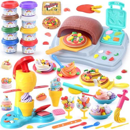 PLAY 2 in 1 Knete Set Zubehör Kitchen Creations, DIY Knete Eismaschine Pizzaofen, 37 Pcs Kinderknete Set mit Knetwerkzeug, Nudelmaschine & 8 Knetmasse, Spielzeug Geschenk Mädchen & Junge 3+ Jahre von PLAY