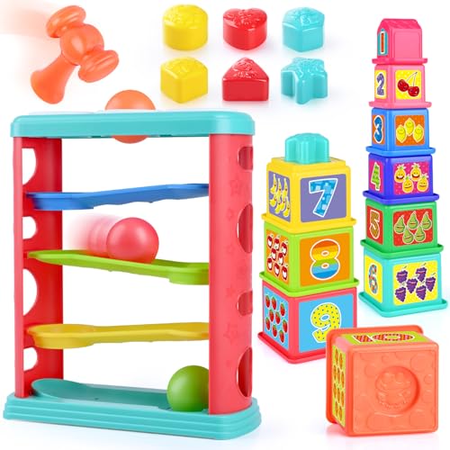 PLAY 3 in 1 Baby Stapelturm Spielzeug & Hämmerchenspiel mit Ball, Stapelbecher mit Zahlen, Formsortierblock– Montessori Spielzeug Stapelturm Formensortierspiel und Stapeln für Kinder ab 1 Jahr von PLAY