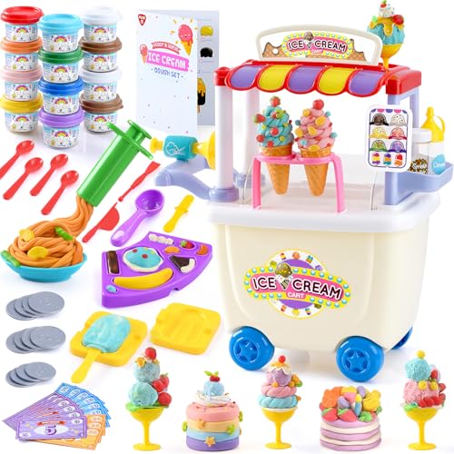 PLAY Kinder Knete Set - DIY Knete Zubehör, Kinderknete Kitchen Creations mit Knetwerkzeug 8 Dosen Knetmasse, Spielzeug Geschenk Mädchen & Junge 3-10 Jahre (Eiswagen Knete Set) von PLAY