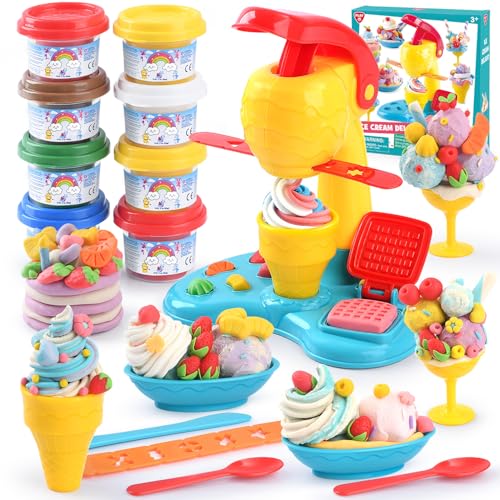 PLAY Knete Set für Kinder - DIY Knete Eismaschine Set Knete Zubehör, Kinderknete Kitchen Creations Eismaschine mit Knetwerkzeug 8 Dosen Knetmasse, Spielzeug Geschenk Mädchen & Junge 3-10 Jahre von PLAY