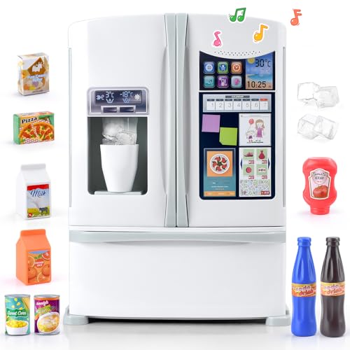 PLAY Küche Kinder Kühlschrank Spielzeug mit Eisspender, Spielküche Zubehör Set mit Kinderkühlschrank, Lebensmittel Spielzeug, Eiswürfel, Geschenk Küchengeräte für Kinder ab 3 Jahren - Weiß von PLAY