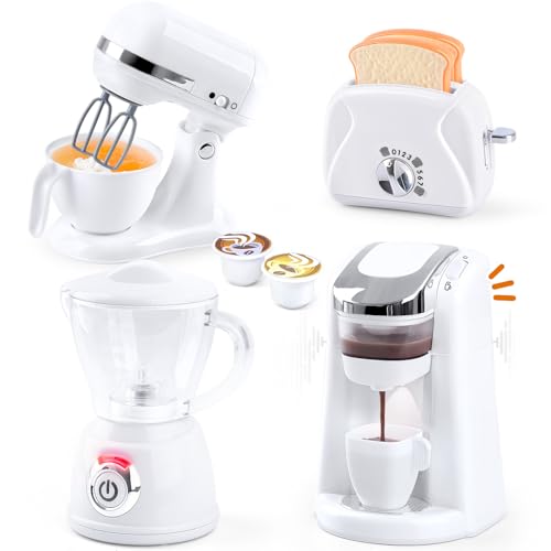 PLAY Küchengeräte Spielzeug Set, Kinderküche Zubehör Set mit Kaffeemaschine, Mixer, Mixer und Toaster mit Realistische Beleuchtung und Sound, Kinder Spielzeug Küche Set für Kinder 3+ (Weiß) von PLAY