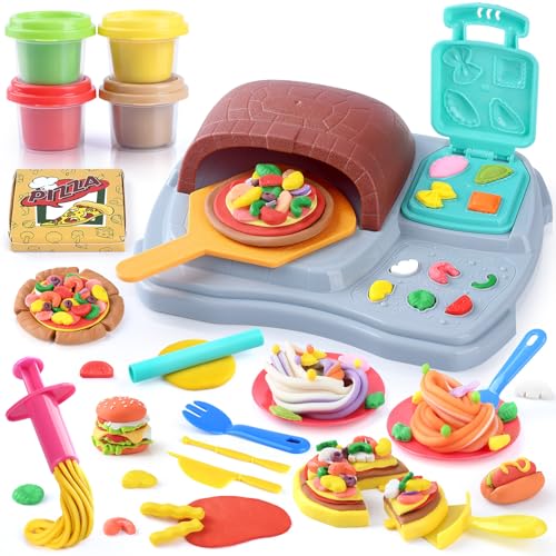 PLAY Pizza Knete Set Zubehör Kitchen Creations, DIY Knete Pizzaofen, Kinderknete Set mit Knetwerkzeug, Geschirr, Nudelmaschine & 4 Dosen Knetmasse, Pizza Spielzeug Geschenk Mädchen & Junge 3 Jahre von PLAY