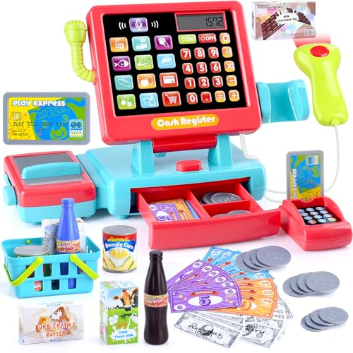 Spielkasse Kinder mit Scanner und Sound, Kasse Spielzeug, Spielzeugkasse, elektronische Supermarktkasse – mit Kaufladen Zubehör Geld, Essen ab 3 Jahren von PLAY