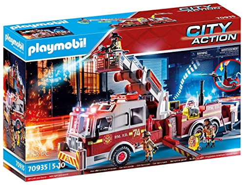 PLAYMOBIL City Action 70935 Feuerwehr-Fahrzeug: US Tower Ladder mit verlängerbarer, funktionsfähige Wasserpumpe mit Schlauch und Pumpkolben, Blinklicht und Original Sirenen-Sound, ab 5 Jahren von PLAYMOBIL