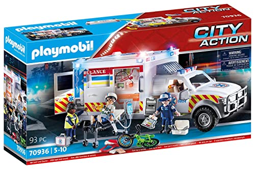 PLAYMOBIL City Action 70936 Rettungs-Fahrzeug: US Ambulance mit abnehmbarem Dach, öffenbare Heck- und Seitentür, beleuchtetem Monitor, Blinklicht und Original Rettungswagen-Sirenen-Sound, ab 5 Jahren von PLAYMOBIL