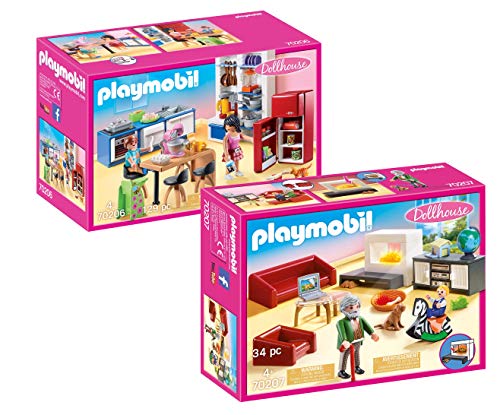 PLAYMOBIL® Möbelset für 70205 Dollhouse Puppenhaus oder 9266 Modernes Wohnhaus: 70206 Küche + 70207 Wohnzimmer von PLAYMOBIL