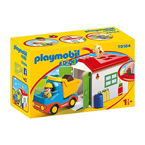 PLAYMOBIL 1.2.3 70184 LKW mit Sortiergarage, LKW durch Garagendach mit passenden Löchern für Ladung befüllbar, ab 1,5 Jahren von PLAYMOBIL