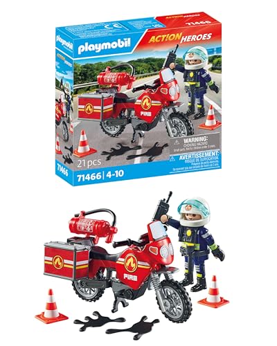 PLAYMOBIL Action Heroes 71466 Feuerwehrmotorrad am Unfallort, rasante Fahrt zum Einsatz, mit vielfältigem Zubehör wie Funkgerät und Feuerlöscher, realitätsnahes Spielzeug für Kinder ab 4 Jahren von PLAYMOBIL