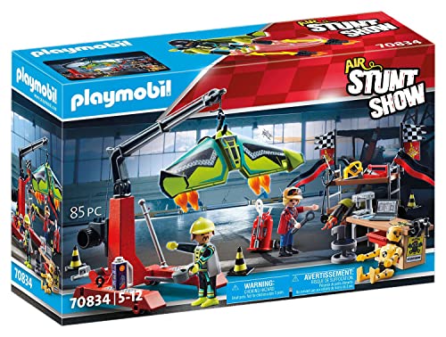 PLAYMOBIL Air Stuntshow 70834 Servicestation mit Kran, Spielzeug-Werkstatt für Flugzeuge, Spielzeug für Kinder ab 5 Jahren von PLAYMOBIL