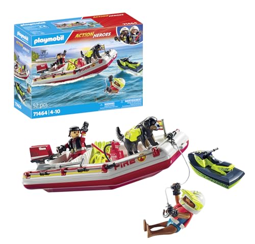 PLAYMOBIL Action Heroes 71464 Feuerwehrboot mit Aqua Scooter, aufregende Wasserrettung, inklusive Taucherbrille, Schwimmflossen und Rettungsweste, realitätsnahes Spielzeug für Kinder ab 4 Jahren von PLAYMOBIL