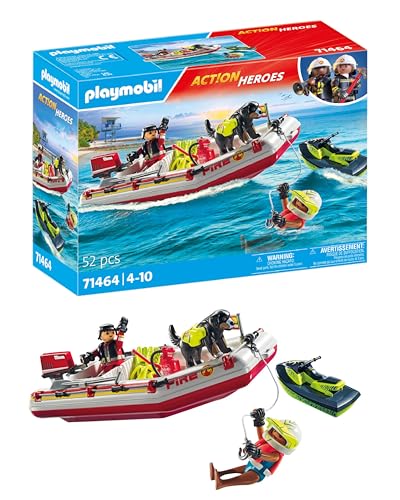 PLAYMOBIL Action Heroes 71464 Feuerwehrboot mit Aqua Scooter, aufregende Wasserrettung, inklusive Taucherbrille, Schwimmflossen und Rettungsweste, realitätsnahes Spielzeug für Kinder ab 4 Jahren von PLAYMOBIL