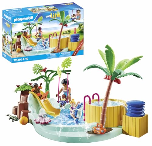 PLAYMOBIL MyLife 71529 Promo Pack Kinderbecken mit Whirlpool, Wasserspaß im Planschbecken, inklusive Wellenrutsche, Federwippe und Babyschaukel, detailreiches Spielzeug für Kinder ab 4 Jahren von PLAYMOBIL