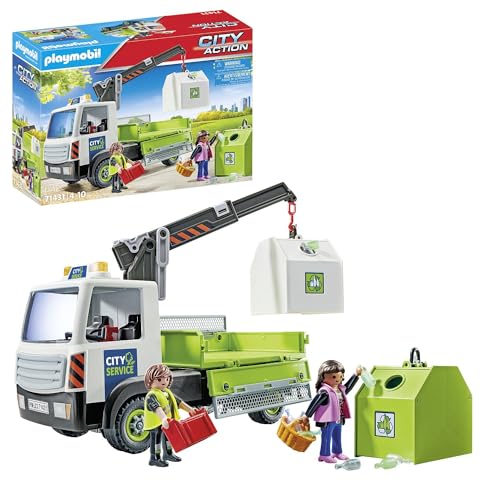 PLAYMOBIL City Action 71431 Altglas-LKW mit Container, Stadtreinigung, Altglascontainer, LKW-Fahrer und zahlreiche Flaschen, hochklappbare Ladefläche zum Entladen, Spielzeug für Kinder ab 4 Jahren von PLAYMOBIL