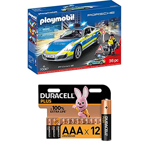 PLAYMOBIL City Action 70067 Porsche 911 Carrera 4S Polizei, ab 4 Jahren + Duracell Plus AAA Alkaline-Batterien, 12er Pack von PLAYMOBIL
