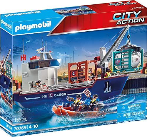 PLAYMOBIL City Action 70769 Großes Containerschiff mit Zollboot, Schwimmfähig, Ab 4 Jahren von PLAYMOBIL