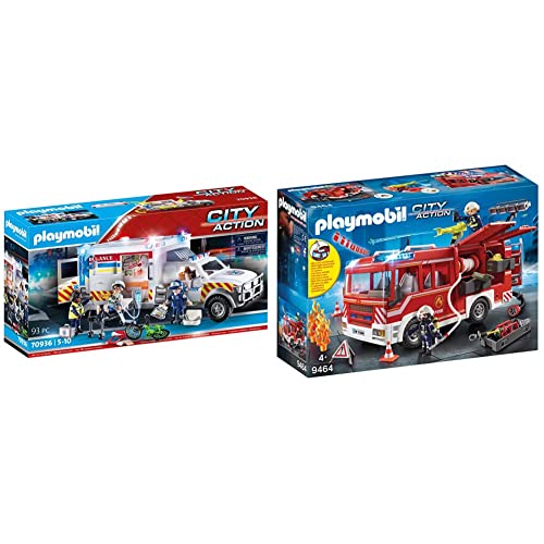 PLAYMOBIL City Action 70936 Rettungs-Fahrzeug: US Ambulance mit abnehmbarem Dach & City Action 9464 Fire Engine with Light and Sound and Working Water Cannon, Toy for Children Ages 4+ von PLAYMOBIL