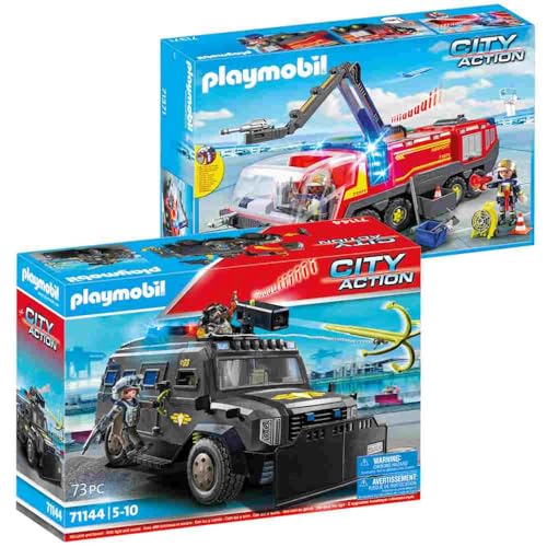 PLAYMOBIL City Action 71144 SWAT-Geländefahrzeug, modernes SEK-Geländefahrzeug mit Licht und Sound & 71371 Flughafenlöschfahrzeug von PLAYMOBIL