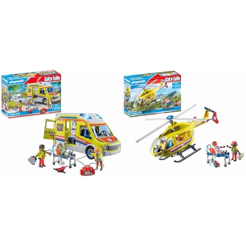PLAYMOBIL City Life 71202 Rettungswagen mit Licht und Sound, Spielzeug für Kinder ab 4 Jahren & City Life 71203 Rettungshelikopter, Spielzeug für Kinder ab 4 Jahren von PLAYMOBIL