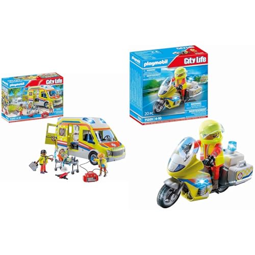 PLAYMOBIL City Life 71202 Rettungswagen mit Licht und Sound, Spielzeug für Kinder ab 4 Jahren & City Life 71205 Notarzt-Motorrad mit Blinklicht, Spielzeug für Kinder ab 4 Jahren von PLAYMOBIL