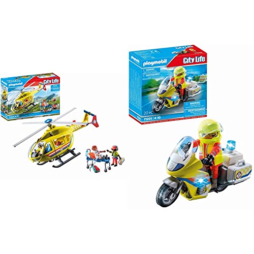 PLAYMOBIL City Life 71203 Rettungshelikopter, Spielzeug für Kinder ab 4 Jahren & City Life 71205 Notarzt-Motorrad mit Blinklicht, Spielzeug für Kinder ab 4 Jahren von PLAYMOBIL