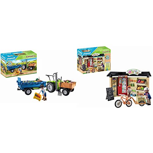 PLAYMOBIL Country 71249 Traktor mit Hänger inkl. Transportboxen, Grüner Trecker für den Bio-Bauernhof & Country 71250 24-Stunden-Hofladen, Fahrrad mit Anhänger PLAYMOBIL Country 71249 Traktor mit Hänger inkl. Transportboxen, Grüner Trecker für den Bio-Bauernhof & Country 71250 24-Stunden-Hofladen, Fahrrad mit Anhänger von PLAYMOBIL