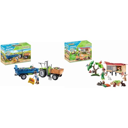 PLAYMOBIL Country 71249 Traktor mit Hänger inkl. Transportboxen & Country 71252 Kaninchenstall, Tiere für den Bio-Bauernhof von PLAYMOBIL