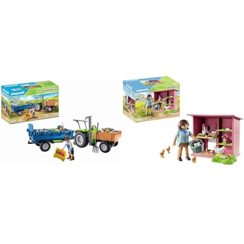 PLAYMOBIL Country 71249 Traktor mit Hänger inkl. Transportboxen & Country 71308 Hühner mit Küken, e Hühnerfamilie für deinen Bauernhof PLAYMOBIL Country 71249 Traktor mit Hänger inkl. Transportboxen & Country 71308 Hühner mit Küken, e Hühnerfamilie für deinen Bauernhof von PLAYMOBIL