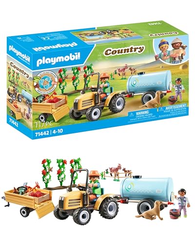 PLAYMOBIL Country 71442 Traktor mit Anhänger und Wassertank, frische Ernte auf dem Bauernhof, spielerisches Lernen über die Umwelt, nachhaltiges Spielzeug für Kinder ab 4 Jahren von PLAYMOBIL