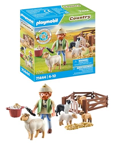 PLAYMOBIL Country 71444 Junger Schäfer mit Schafen, Hüten und Pflegen der Schafe mithilfe des Bordercollies, mit Zubehör wie Haartrimmer und Strohballen, nachhaltiges Spielzeug für Kinder ab 4 Jahren von PLAYMOBIL