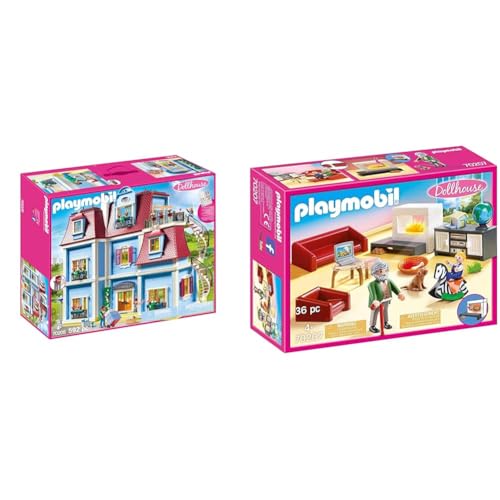 PLAYMOBIL Dollhouse 70205 Mein Großes Puppenhaus, Mit funktionsfähiger Türklingel, Ab 4 Jahren & Dollhouse 70207 Gemütliches Wohnzimmer, mit Lichteffekt, ab 4 Jahren von PLAYMOBIL