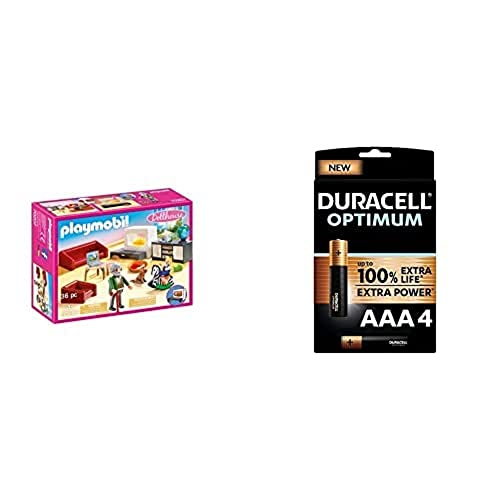 PLAYMOBIL Dollhouse 70207 Gemütliches Wohnzimmer, mit Lichteffekt, ab 4 Jahren + Duracell NEU Optimum AAA Micro Alkaline Batterien, 1.5V LR03 MX2400, 4er-Pack von PLAYMOBIL