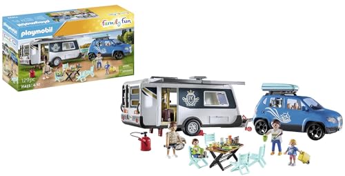 PLAYMOBIL Family Fun 71423 Wohnwagen mit Auto, Camping, vielseitiger Campingspaß in der Natur mit umfangreichem Zubehör, gemeinsamer Familientrip durch das ganze Land, Spielzeug für Kinder ab 4 Jahren von PLAYMOBIL