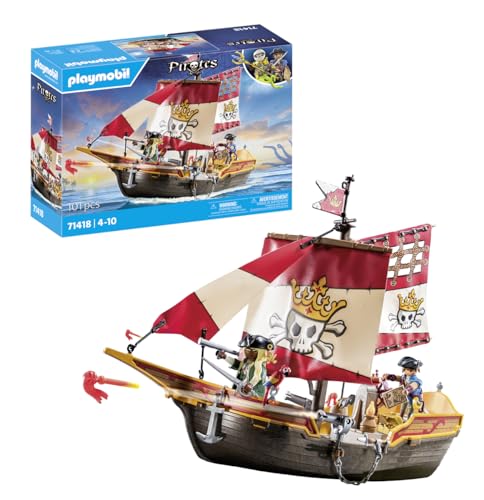 PLAYMOBIL Pirates 71418 Piratenschiff, aufregende Abenteuer auf hoher See, mit umfangreichem Zubehör wie Fernrohr, Kompass und Kanonen, Spielzeug für Kinder ab 4 Jahren von PLAYMOBIL