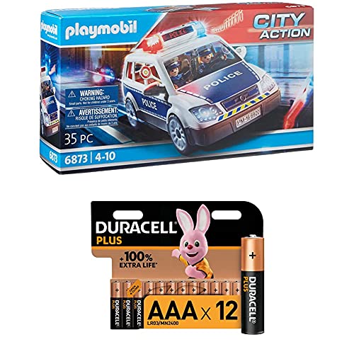 Playmobil City Action 6873 Polizei-Einsatzwagen mit Licht- und Soundeffekten, Ab 5 Jahren + Duracell Plus AAA Alkaline-Batterien, 12er Pack von PLAYMOBIL