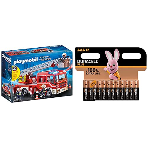 Playmobil City Action 9463 Feuerwehr-Leiterfahrzeug mit Licht und Sound, Ab 5 Jahren + Duracell Plus AAA Alkaline-Batterien, 12er Pack von PLAYMOBIL