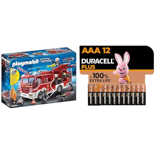 Playmobil City Action 9464 Feuerwehr-Rüstfahrzeug mit Licht und Sound, Ab 5 Jahren + Duracell Plus AAA Alkaline-Batterien, 12er Pack von PLAYMOBIL