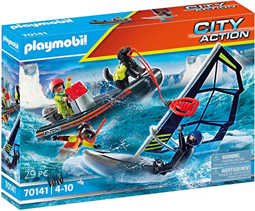 PLAYMOBIL City Action 70141 Water Rescue with Dog, with Floatable Inflatable Boat and Surfboard, Toy for Children Ages 4+ von PLAYMOBIL