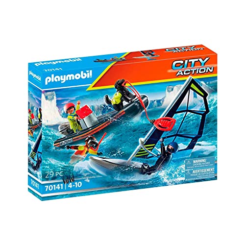 PLAYMOBIL City Action 70141 Water Rescue with Dog, with Floatable Inflatable Boat and Surfboard, Toy for Children Ages 4+ von PLAYMOBIL