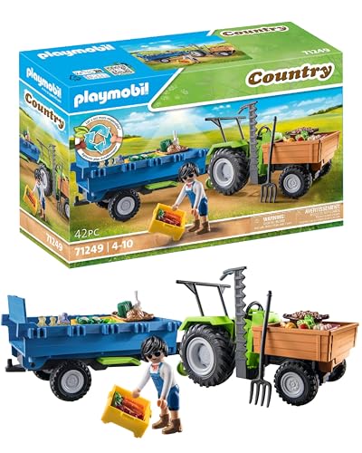 PLAYMOBIL Country 71249 Traktor mit Hänger inkl. Transportboxen, Grüner Trecker für den Bio-Bauernhof, Nachhaltiges Spielzeug für Kinder ab 4 Jahren von PLAYMOBIL